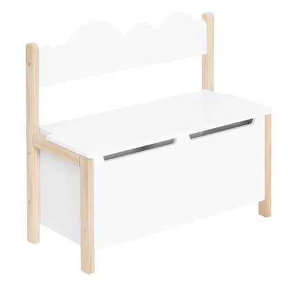 Banc coffre pour enfant en bois avec dossier, assise de rangement décorative, par Maison Banc, idéal pour chambre d'enfant.