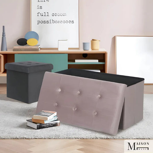 Banc coffre pliable avec assise capitonnée, style ottoman, en tissu beige, par Maison Banc, idéal pour rangement et décoration intérieure