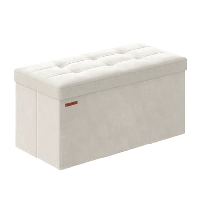 Banc coffre pliable en velours beige, meuble de rangement décoratif minimaliste de la marque Maison Banc.