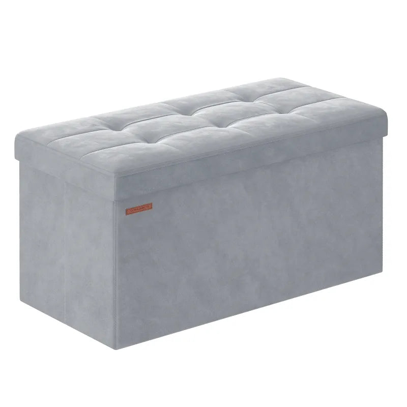 Banc coffre pliable en velours gris de Maison Banc, rangement décoratif minimaliste et élégant pour salon ou chambre.