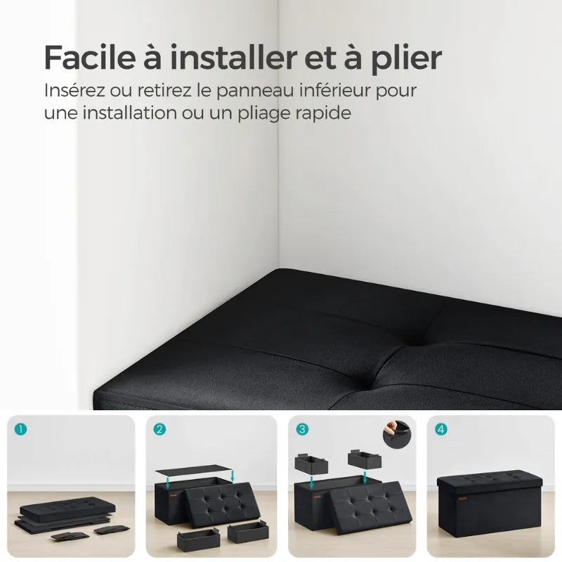 Banquette coffre pliable en velours noir de Maison Banc, design décoratif minimaliste pour rangement élégant.