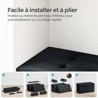 Banquette coffre pliable en velours noir de Maison Banc, design décoratif minimaliste pour rangement élégant.
