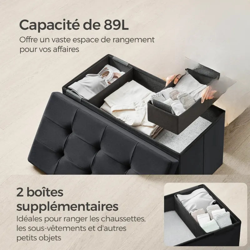 Banc coffre pliable en velours noir de Maison Banc, rangement décoratif minimaliste et design élégant pour salon ou chambre