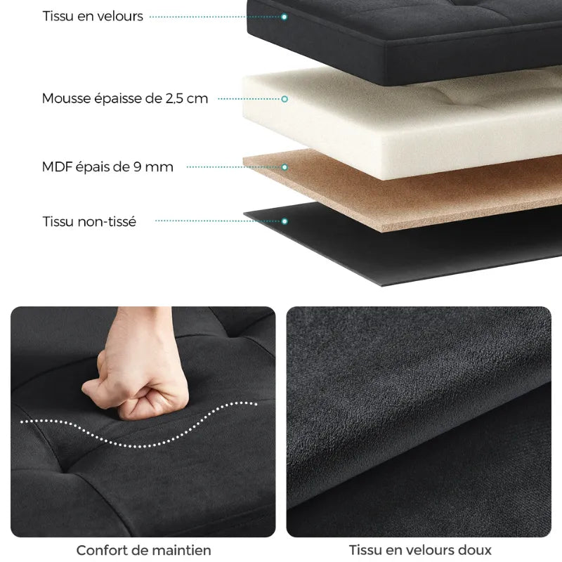Banc coffre pliable en velours noir de Maison Banc, design décoratif minimaliste pour rangement et décoration intérieure.