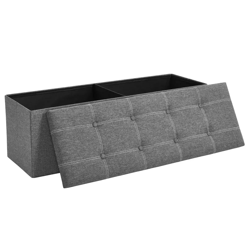 Banquette coffre pliable en tissu lin gris de la marque Maison Banc, design élégant, espace de rangement spacieux.