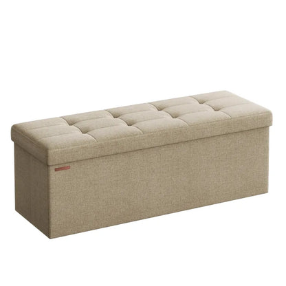 Banc coffre pliable en tissu lin marron de Maison Banc, rangement spacieux, design élégant pour salon ou chambre
