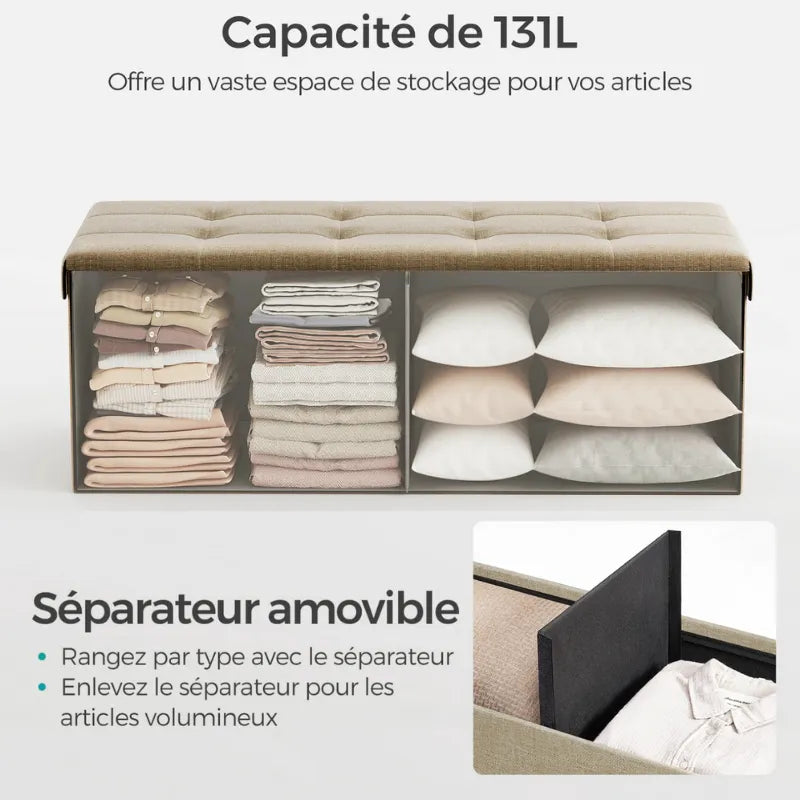 Banquette coffre pliable en tissu lin marron avec espace de rangement, design élégant, pratique et spacieux de la marque Maison Banc.