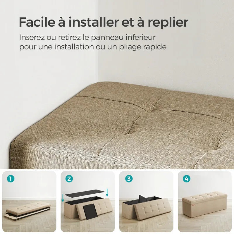 Banc coffre pliable en tissu lin marron de Maison Banc, rangement spacieux et design élégant pour intérieur moderne.