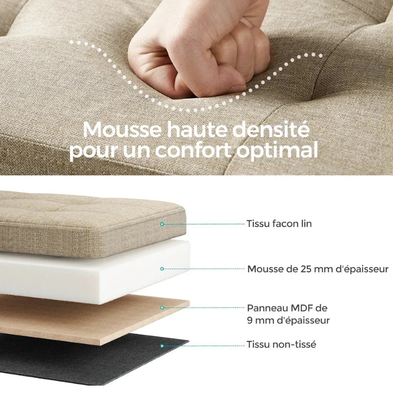 Banc coffre pliable en tissu lin marron avec rangement spacieux et design élégant, parfait pour la décoration intérieure.