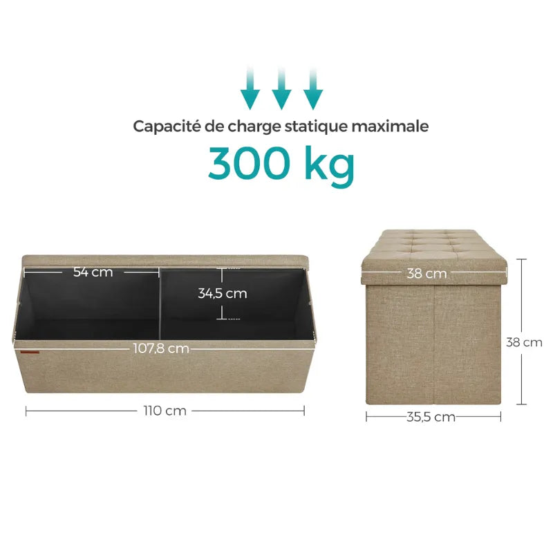 Banc coffre pliable en tissu lin marron de Maison Banc, rangement spacieux et design élégant pour salon ou chambre