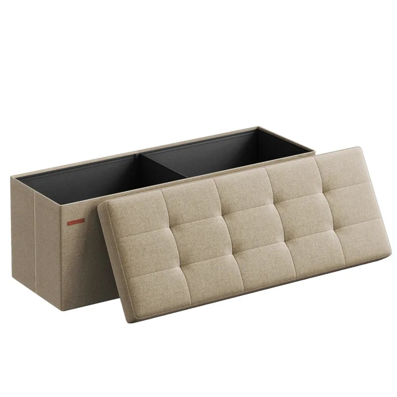 Banc coffre pliable en tissu lin marron de la marque Maison Banc, rangement spacieux et design élégant pour salon ou chambre