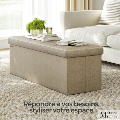 Banquette coffre pliable en tissu lin marron, meuble de rangement spacieux et élégant de la marque Maison Banc.