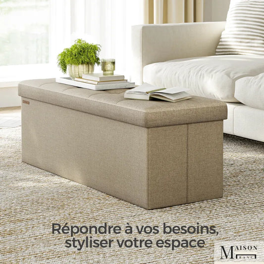 Banquette coffre pliable en tissu lin marron, meuble de rangement spacieux et élégant de la marque Maison Banc.