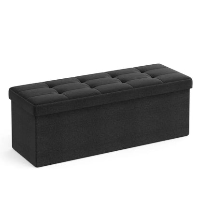 Banc coffre pliable en tissu lin noir, design élégant, espace de rangement spacieux, idéal pour salon ou chambre.