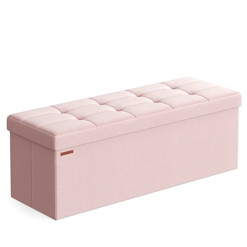 Banc coffre pliable en tissu lin rose bonbon de la marque Maison Banc, rangement spacieux et design élégant.