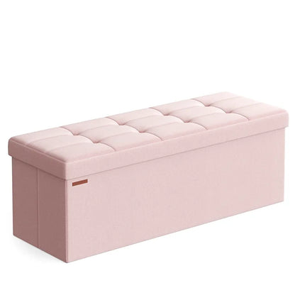 Banc coffre pliable en tissu lin rose bonbon de la marque Maison Banc, rangement spacieux et design élégant.