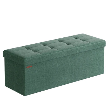Banc coffre pliable en tissu lin vert, rangement spacieux et design élégant, idéal pour salon ou chambre.