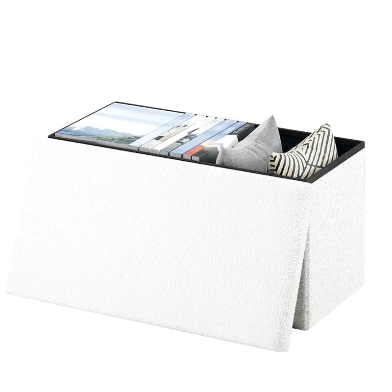 Banc coffre pliable en tissu Teddy avec design scandinave, capacité de rangement 80L, par Maison Banc.
