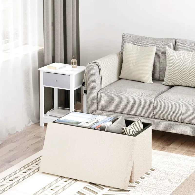 Banc coffre pliable en tissu Teddy avec design scandinave, capacité de 80L, idéal pour rangement intérieur, par Maison Banc