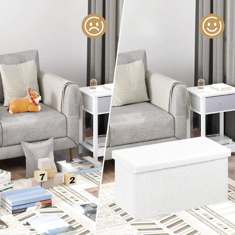 Banc coffre pliable en tissu Teddy de Maison Banc, design scandinave, avec espace de rangement de 80L.