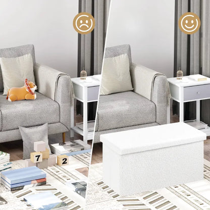Banc coffre pliable en tissu Teddy de Maison Banc, design scandinave, avec espace de rangement de 80L.
