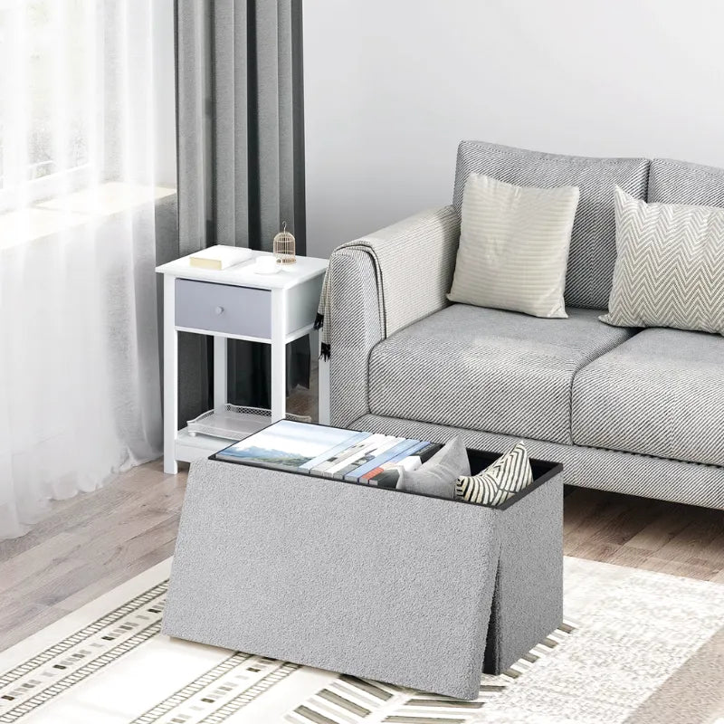Banc coffre pliable en tissu Teddy avec design scandinave et espace de rangement de 80L, de la marque Maison Banc.