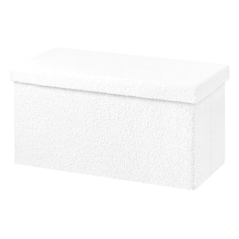 Banc coffre pliable en tissu Teddy blanc de Maison Banc, design scandinave, avec espace de rangement de 80L, assise confortable.