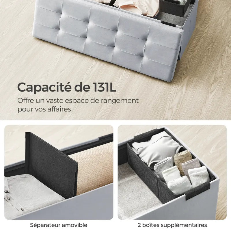 Banc coffre pliable en velours gris foncé avec 131L de rangement, design moderne scandinave, de la marque Maison Banc.