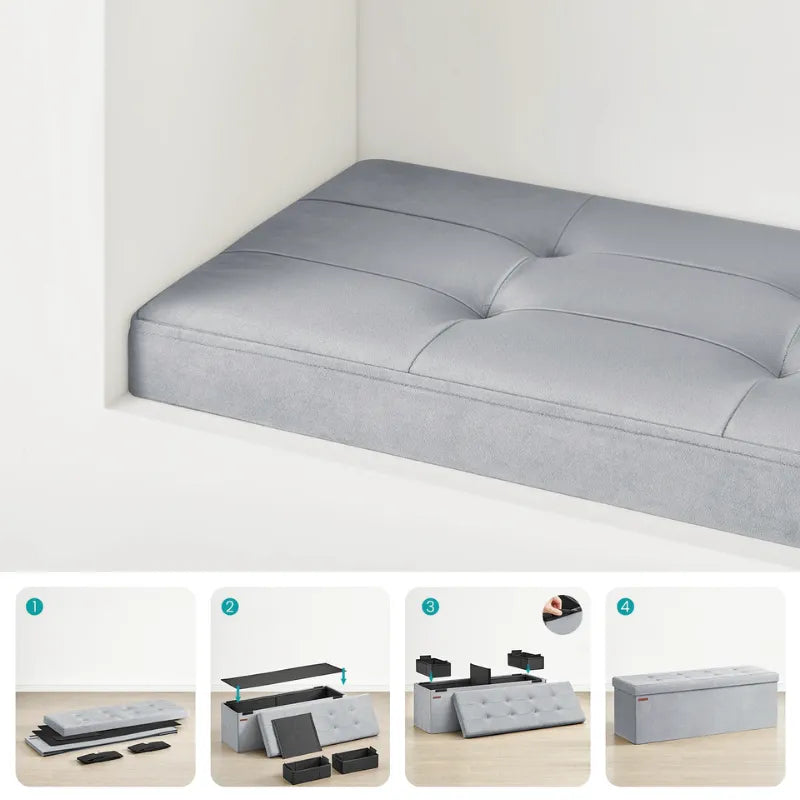 Banc coffre pliable en velours gris foncé avec 131L de rangement, design moderne scandinave, idéal pour salle à manger ou entrée.