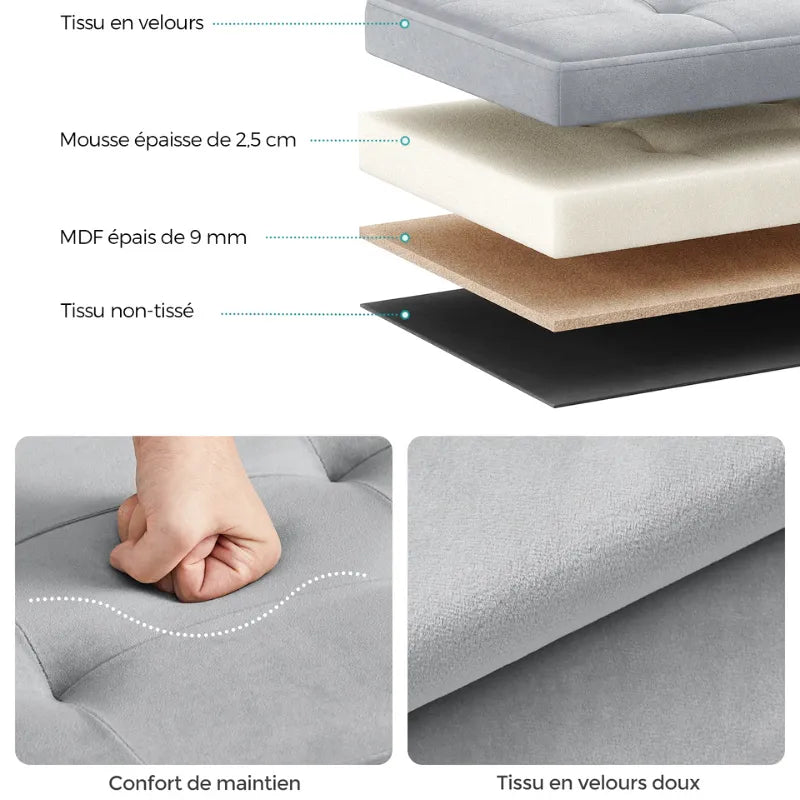 Banc coffre pliable en velours gris foncé avec 131L de rangement, design moderne scandinave de la marque Maison Banc.