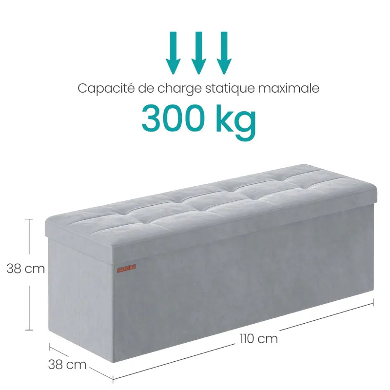 Banc coffre pliable en velours gris foncé avec 131L de rangement, design moderne scandinave, par Maison Banc.