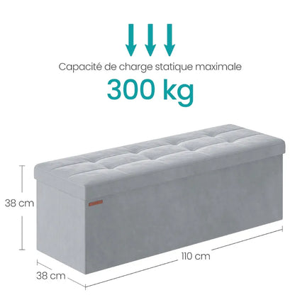 Banc coffre pliable en velours gris foncé avec 131L de rangement, design moderne scandinave, par Maison Banc.