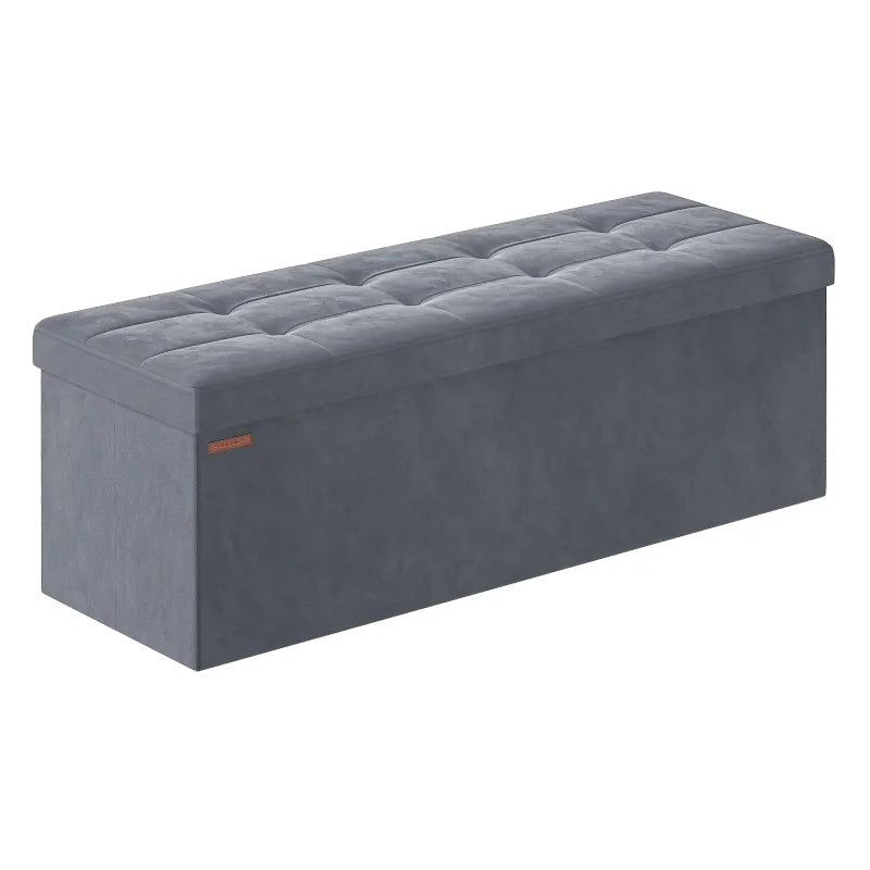 Banc coffre pliable en velours gris foncé avec 131L de rangement, design moderne scandinave, idéal pour salon ou chambre.