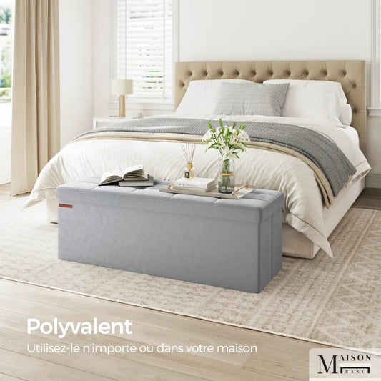 Banc coffre pliable en velours gris foncé avec 131L de rangement, design moderne scandinave, par Maison Banc.