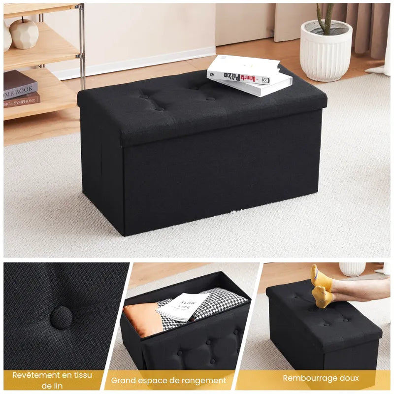 Banc coffre pliable noir avec assise confortable, design décoratif pour salon ou entrée, de la marque Maison Banc.