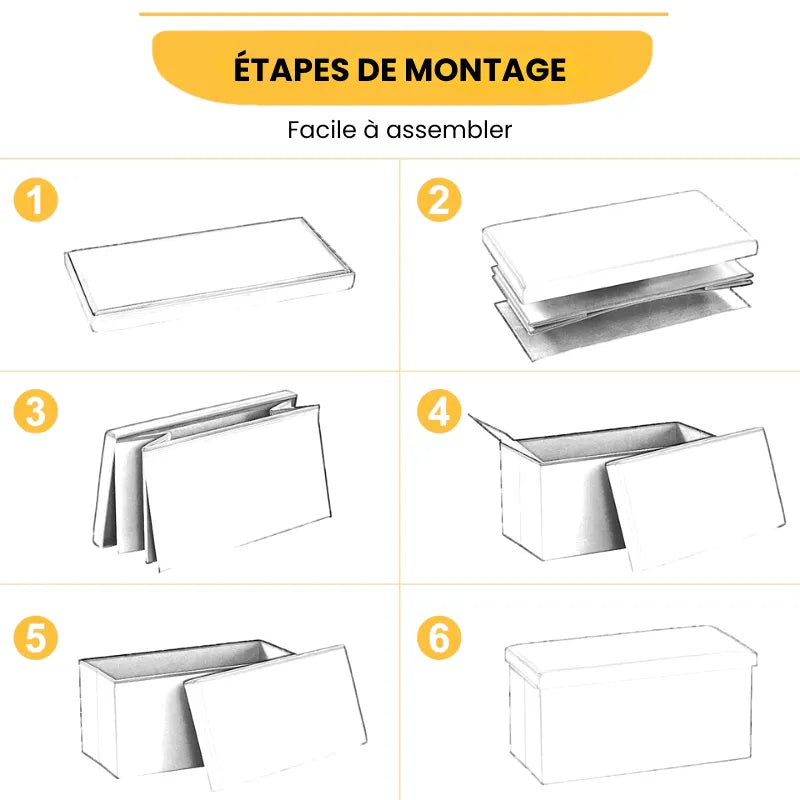 Banc coffre pliable noir avec assise confortable et design décoratif, idéal pour rangement et décoration intérieure.