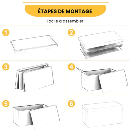Banc coffre pliable noir avec assise confortable et design décoratif, idéal pour rangement et décoration intérieure.