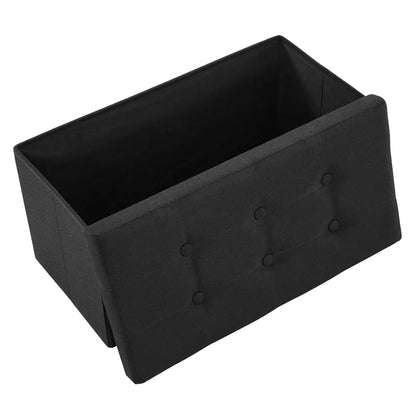 Banc coffre pliable noir avec assise confortable et design décoratif, idéal pour rangement et décoration intérieure.