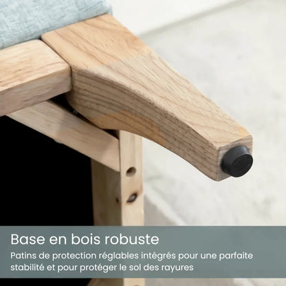 Banc coffre scandinave luxe en bois clair, style minimaliste, avec espace de rangement, design élégant et moderne.