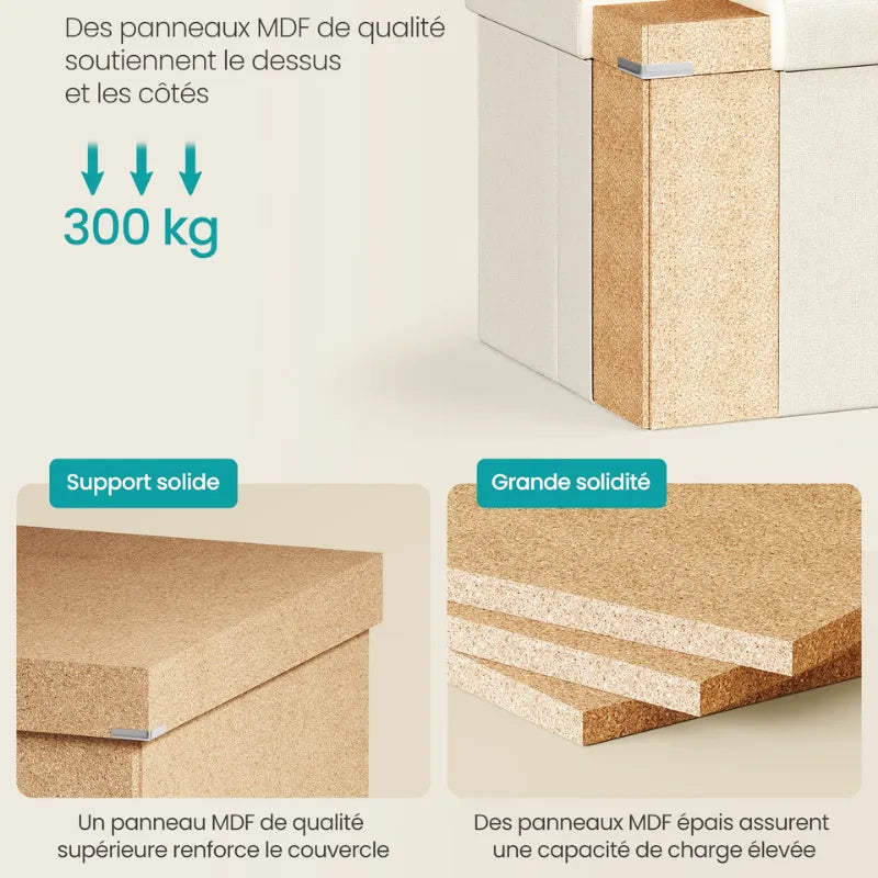 Banc coffre scandinave pliable beige de Maison Banc avec design minimaliste et décoratif, idéal pour espace moderne.