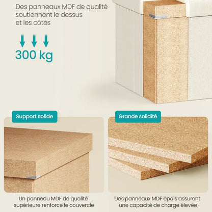 Banc coffre scandinave pliable beige de Maison Banc avec design minimaliste et décoratif, idéal pour espace moderne.