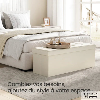 Banc coffre scandinave pliable beige de Maison Banc, design minimaliste et décoratif pour espace intérieur.