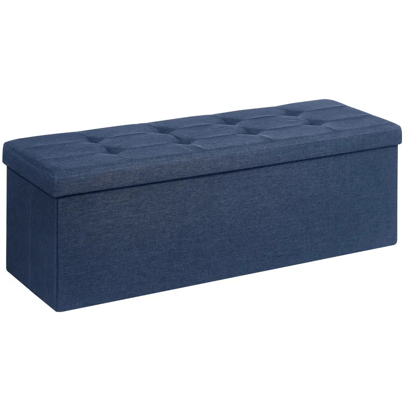Banquette coffre Scandinave pliable en bois bleu foncé, design minimaliste et décoratif, par Maison Banc.