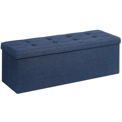 Banquette coffre Scandinave pliable en bois bleu foncé, design minimaliste et décoratif, par Maison Banc.