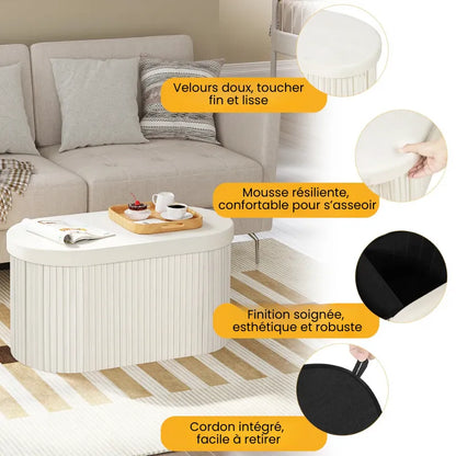 Banc coffre en velours blanc avec rangement pliable, meuble moderne et décoratif pour salon ou chambre.