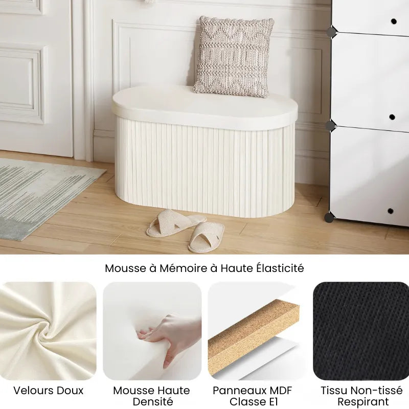 Banc coffre en velours blanc avec rangement pliable, design moderne et décoratif, de la marque Maison Banc.