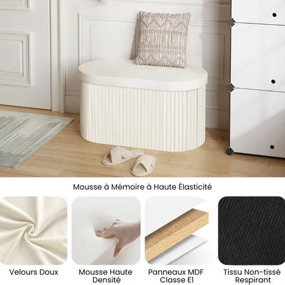 Banc coffre en velours blanc avec rangement pliable, design moderne et décoratif, de la marque Maison Banc.