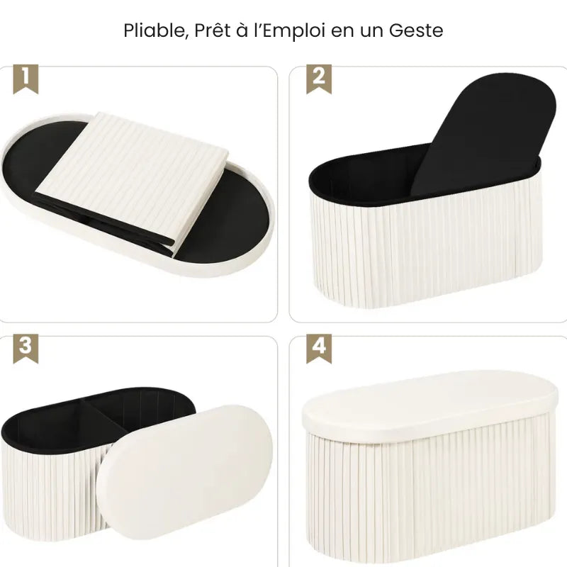 Banquette coffre en velours blanc avec rangement pliable, design moderne et décoratif, par Maison Banc.