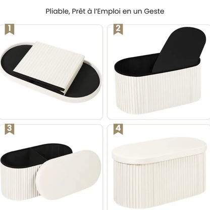 Banquette coffre en velours blanc avec rangement pliable, design moderne et décoratif, par Maison Banc.