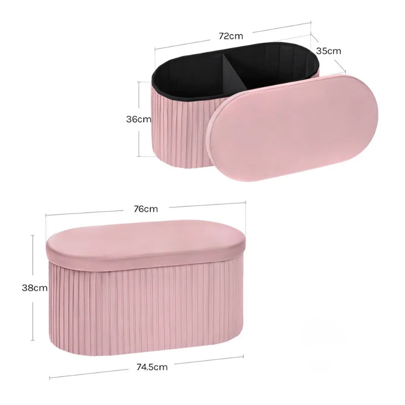 Banc coffre en velours rose avec rangement pliable, design moderne et décoratif, idéal pour salon ou chambre.